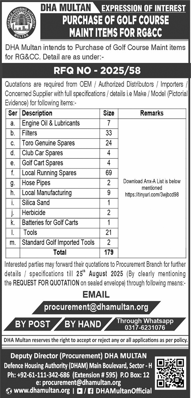 DHA Multan Tender Notice